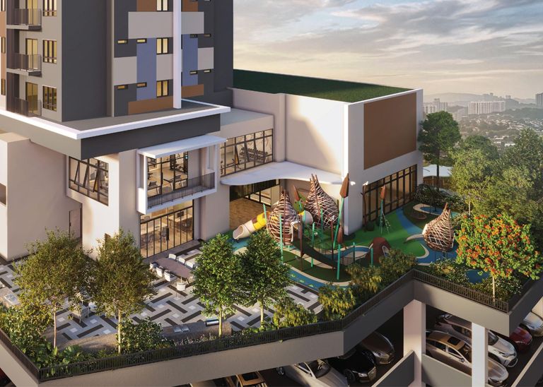 The Level 8 BBQ and dining area and playground: a woven, nest-shaped climbing frame with a slide, long dining tables, and the car-park levels below the deck