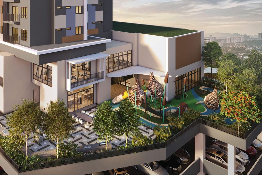 The BBQ and dining area and playground on Level 8: a woven, nest-shaped climbing frame, slides and long dining tables, with the car-park levels below the deck