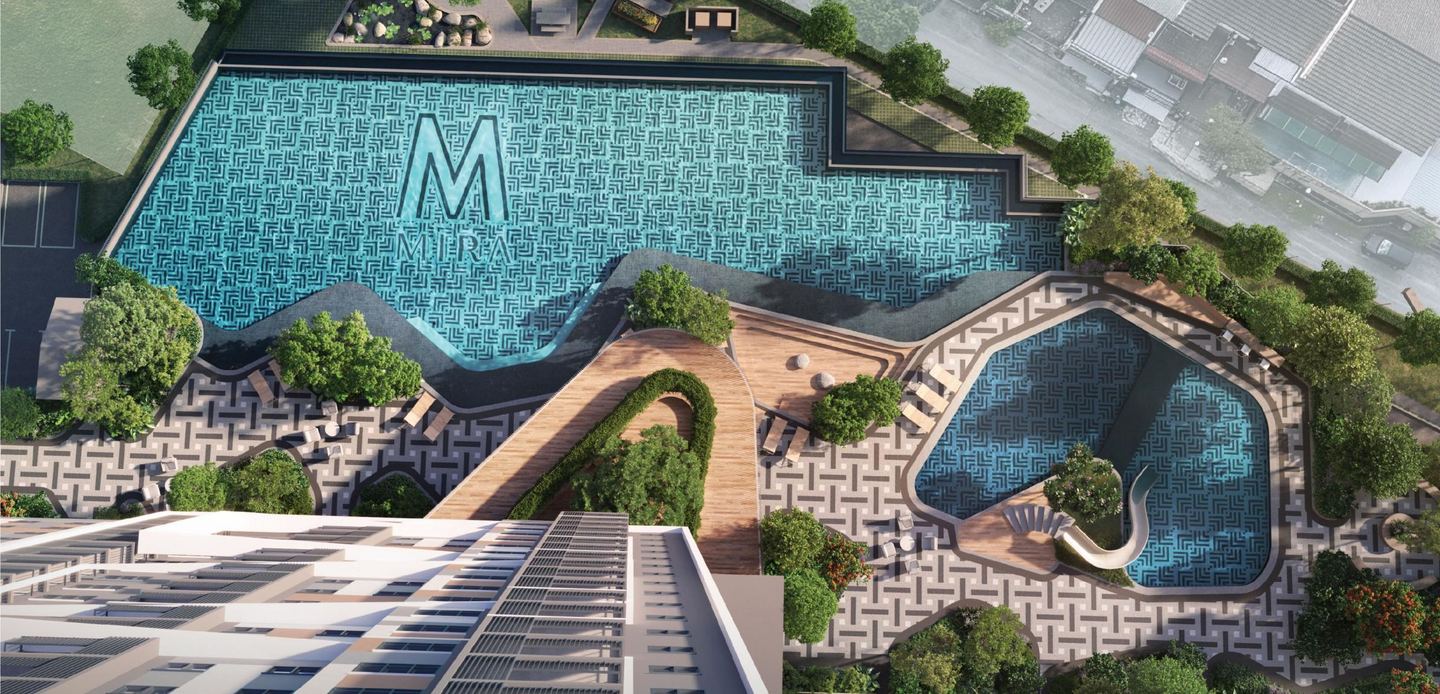 The Level 8 pool deck from above: a woven-pattern pool floor, the letters M MIRA picked out, timber walkways, the kid pool and slide (developer’s planning-design image)