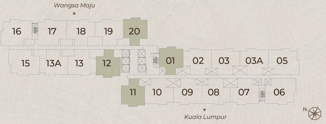 The developer’s typical-floor key plan, marking the Type A stacks