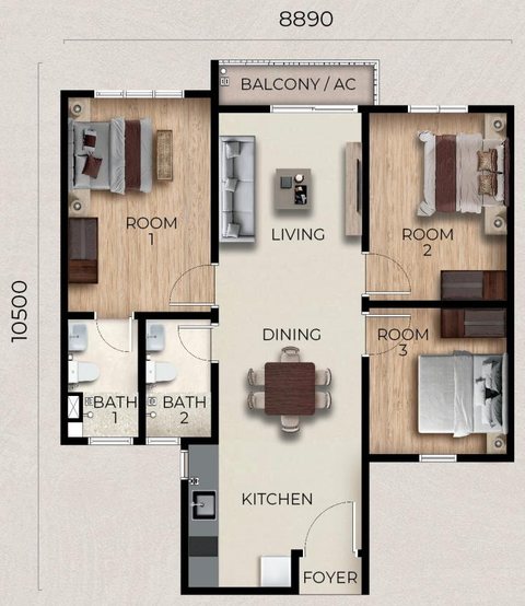 Type A floor plan (developer drawing): 800 sq ft, 3 rooms and 2 bathrooms; overall width printed as 8,890 mm