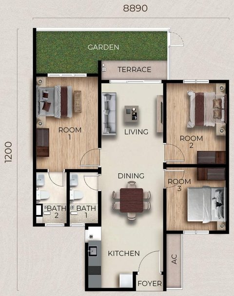 Type A1 floor plan (developer drawing): 800 + 119 sq ft, 3 rooms and 2 bathrooms, with a terrace (TERRACE) and a garden (GARDEN); overall width printed as 8,890 mm