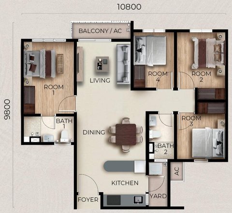 Type B floor plan (developer drawing): 900 sq ft, 4 rooms and 2 bathrooms; overall width printed as 10,800 mm