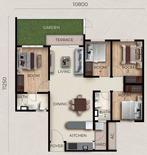 Type B1 floor plan (developer drawing): 900 + 119 sq ft, 4 rooms and 2 bathrooms, with a terrace (TERRACE) and a garden (GARDEN); overall width printed as 10,800 mm