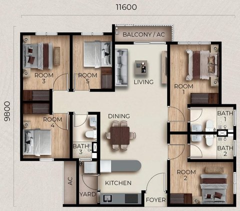 Type C floor plan (developer drawing): 1,050 sq ft, 5 rooms and 3 bathrooms; overall width printed as 11,600 mm