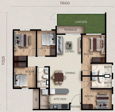 Type C1 floor plan (developer drawing): 1,050 + 119 sq ft, 5 rooms and 3 bathrooms, with a terrace (TERRACE) and a garden (GARDEN); overall width printed as 11,600 mm