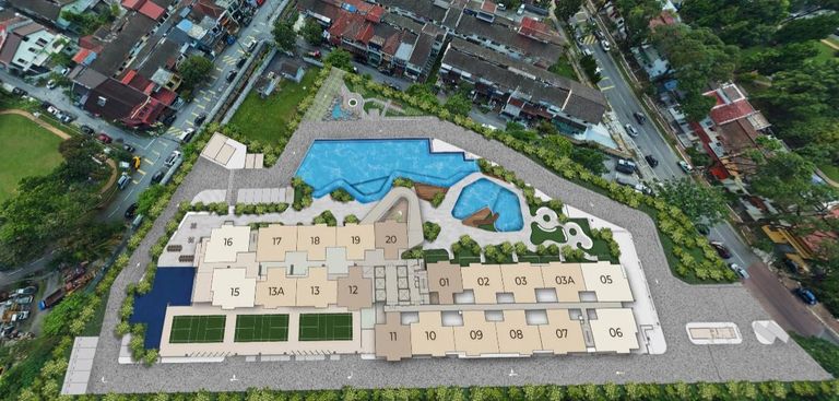 Aerial montage of M Mira: the typical floor’s unit numbers laid over an aerial photograph of the surrounding housing