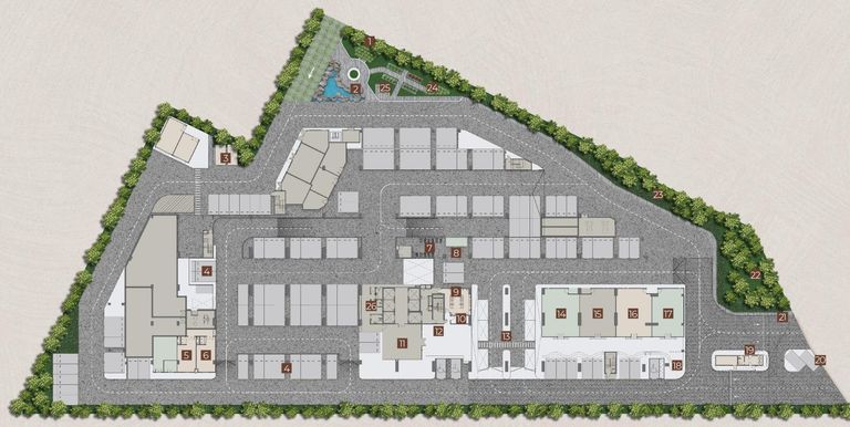 Level 1 plan (developer drawing): the wedge-shaped site, the driveway entering at the narrow end, the woodland path along the long side, and the numbered guard house, lobby, parking and facilities