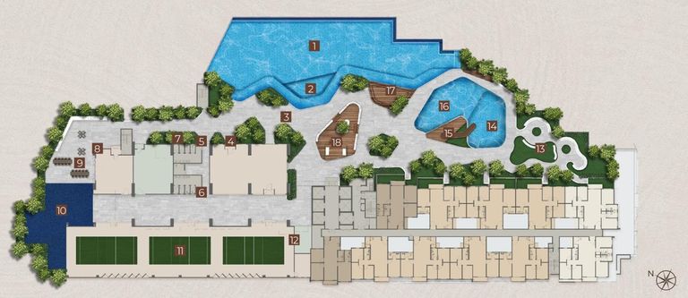 Level 8 facility plan (developer drawing): the large pool, kids’ pool and gardens on the north-east side, the multipurpose hall with courts on the south-west side, and homes in the right-hand wing