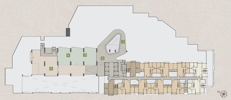Level 9 facility plan (developer drawing): the lookout point, resting terrace, gym, yoga and Pilates room and reading / co-working space in the left-hand wing, homes in the right-hand wing, and the space above the Level 8 deck left blank