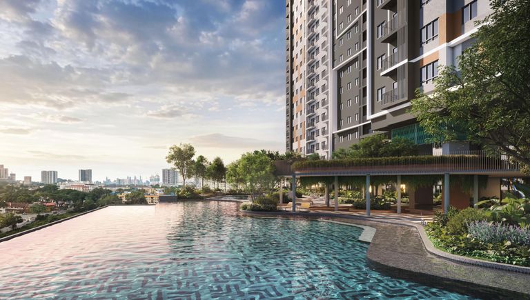 The Level 8 pool: a woven-pattern pool floor, timber-frame pavilions and planting along the edge, with the residential tower behind