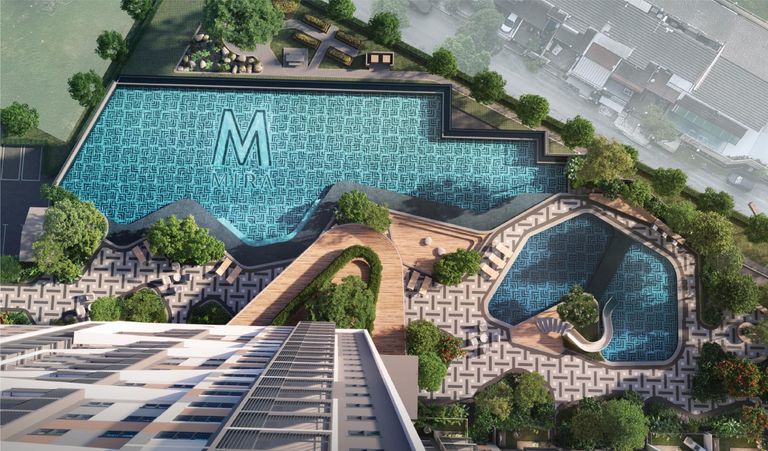 The Level 8 deck from above: the large pool, the kids’ pool with its slide, pavilions, planting and woven-pattern paving