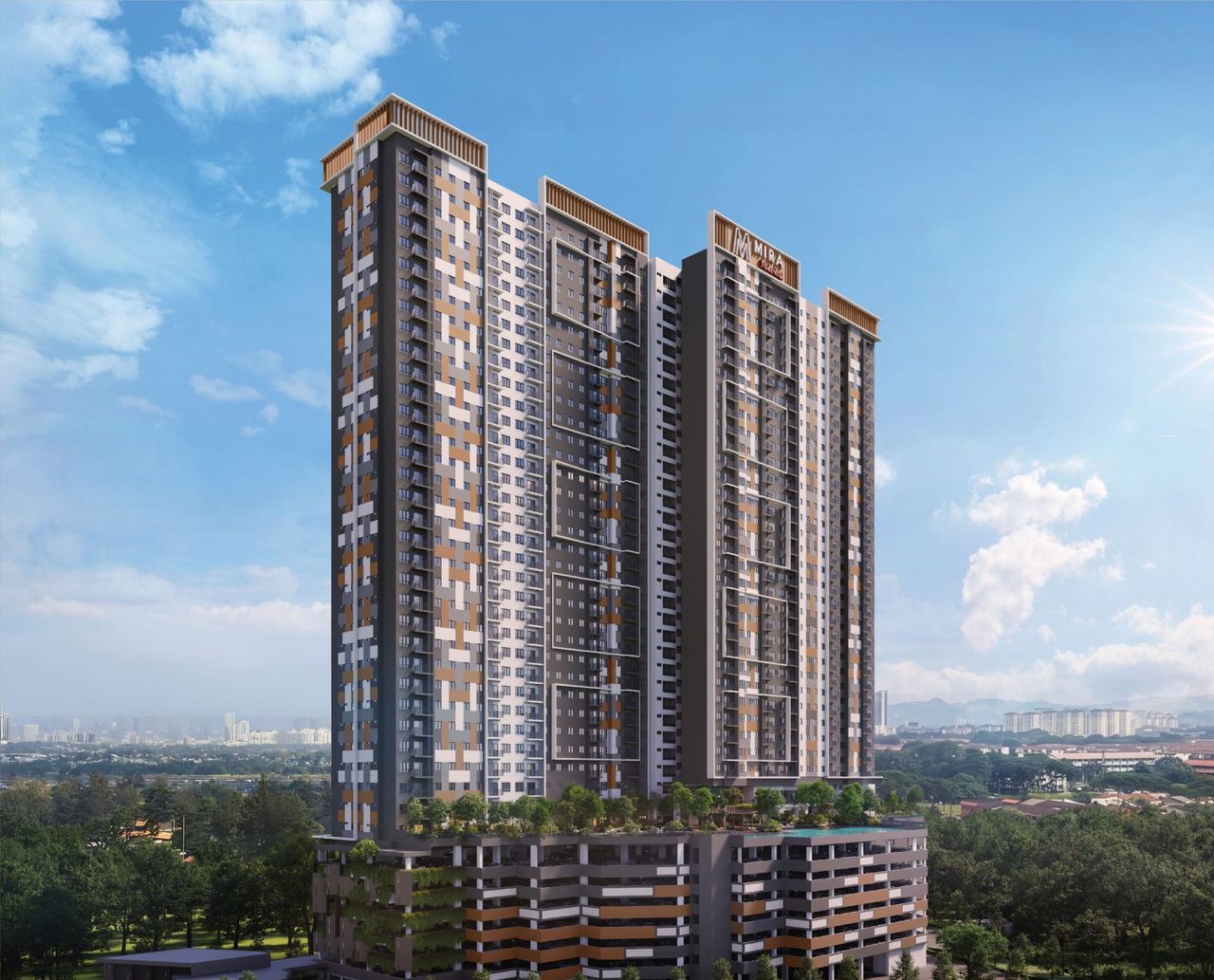 The M Mira tower: residential blocks of staggered heights clad in white, warm-grey, charcoal and amber panels, four timber-look louvred crowns at the top, a car-park podium with green walls below, and the tree-planted Level 8 deck on top of the podium