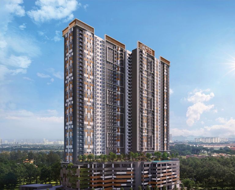The exterior of M Mira: residential blocks of stepped heights faced in white, warm-grey, charcoal and amber panels, four timber-look louvred crowns at the top, a car-park podium with green walls below, and the tree-planted Level 8 deck on top of the podium
