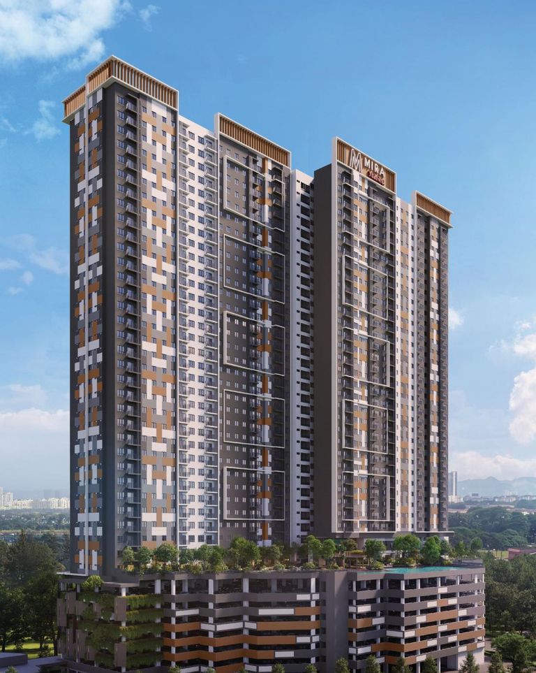 M Mira from outside: a 40-storey residential tower clad in panels of white, warm grey, charcoal and amber, topped by a timber-look louvred crown, above car-park floors with green walls